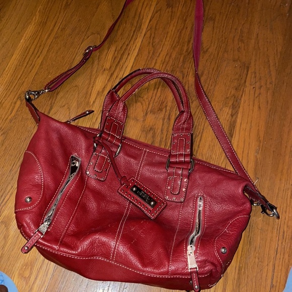 Red Leather Tignanello Purse travel storage pockets stretch speedy duffle edgy - Picture 1 of 7